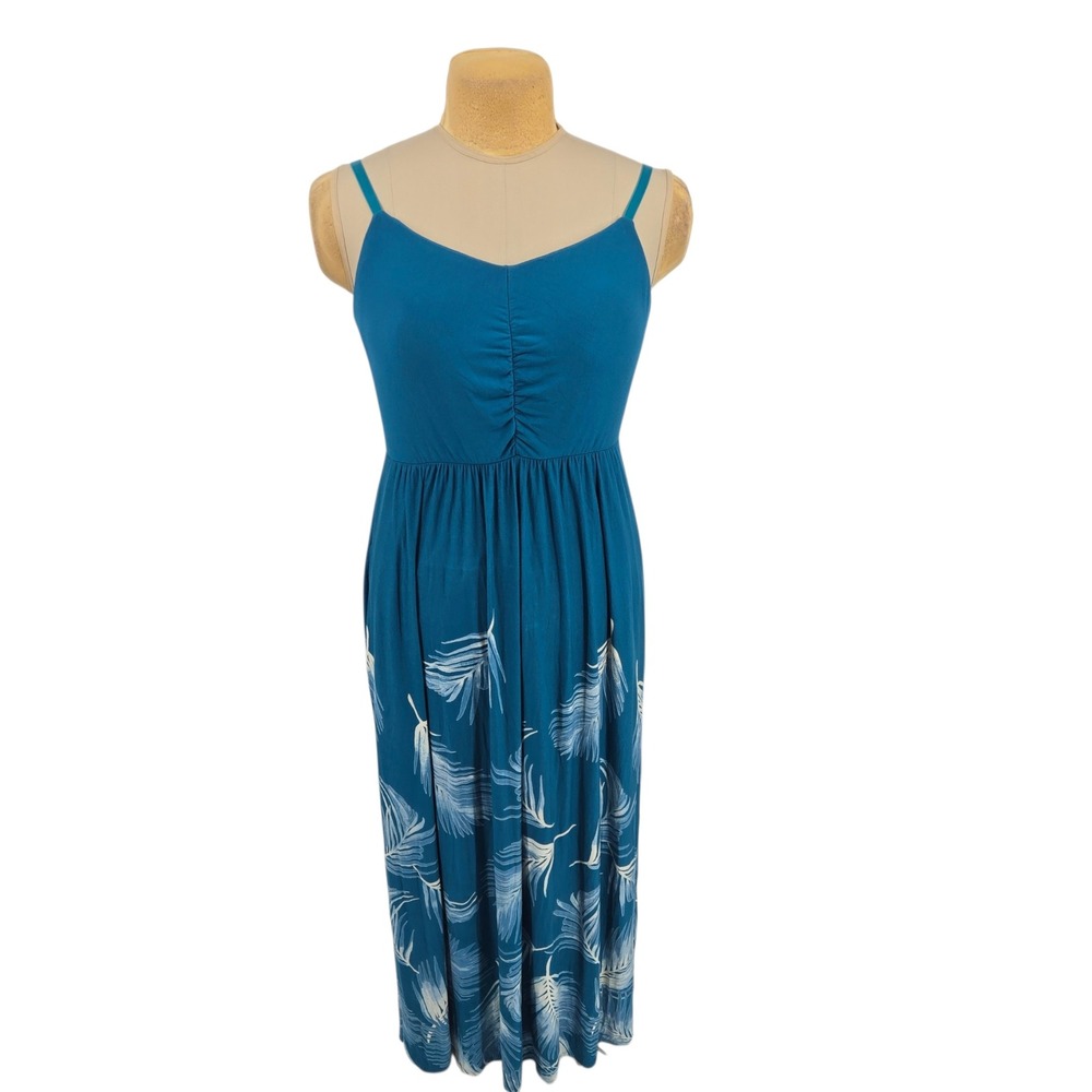 Soma Maxi Dress Women Large Teal Green Feather Print Sleeveless Cami‎ Casual